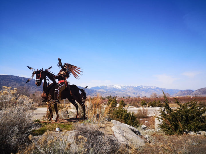 This photo contains the sculpture of an Indigenous man on a horse, which is on the side of the highway in Osoyoos, at the NK'Mip Corner Gas Station