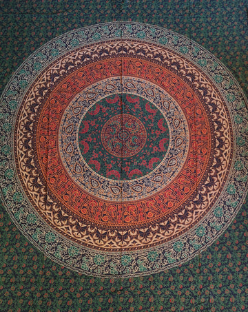 primarily green and orange tapestry with circles and flowers