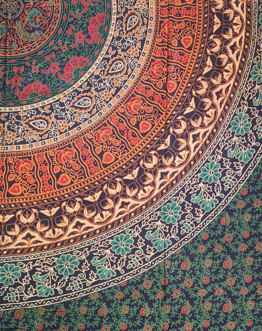 primarily green and orange tapestry with circles and flowers, closeup