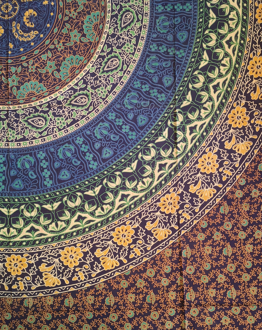 Yellow and blue green tapestry with circles and flowers, closeup