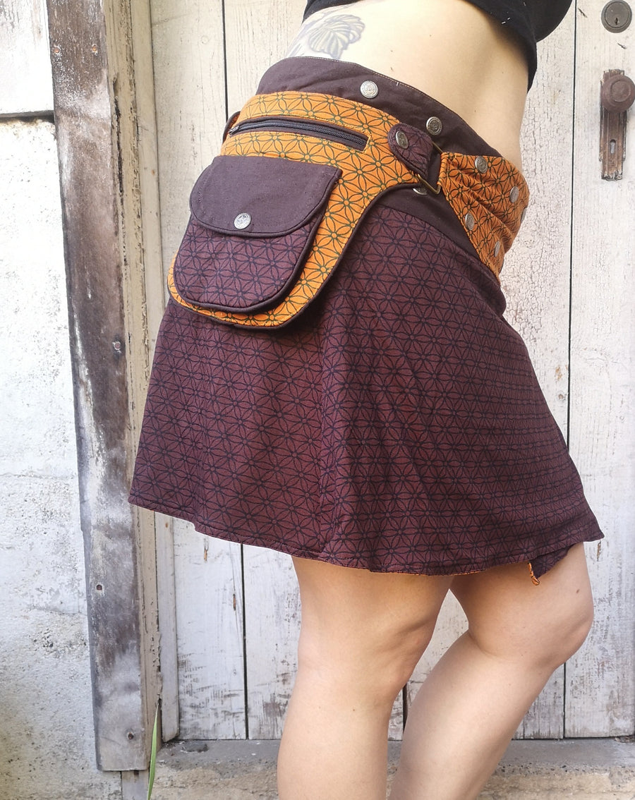 Side view with pocket. Flower of Life Snap skirt. Chocolate brown and orange detailing.