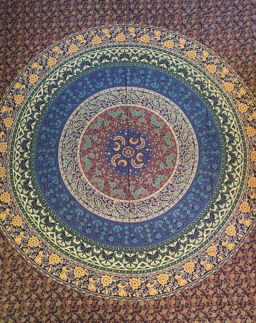 Yellow and blue green tapestry with circles and flowers