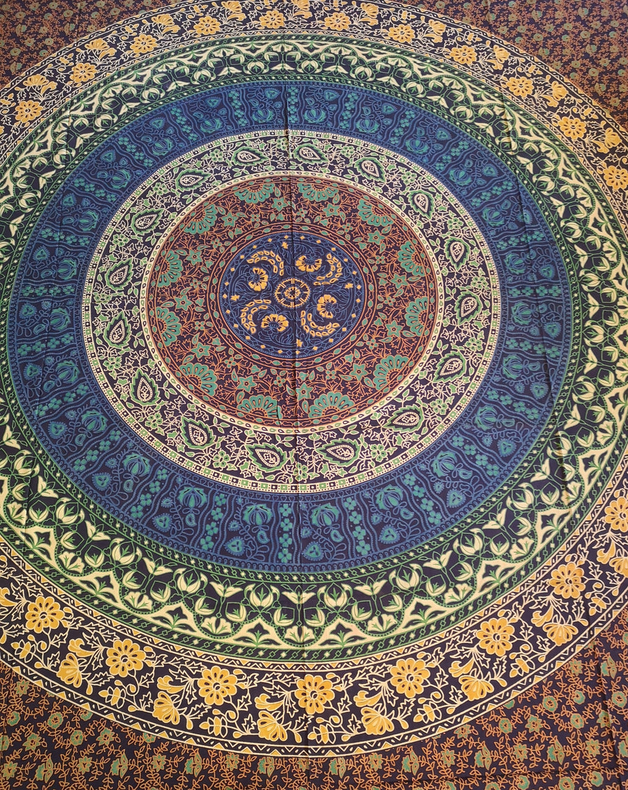 Yellow and blue green tapestry with circles and flowers, slightly closer