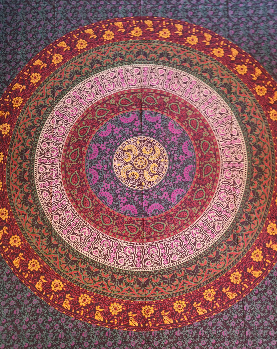 Red purple yellow pink magenta tapestry with circles and flowers